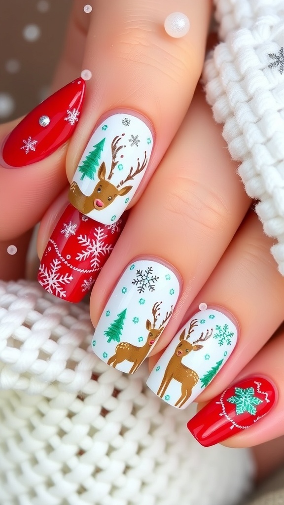 Festive winter Christmas nail art with deer and snowflakes in red and green.